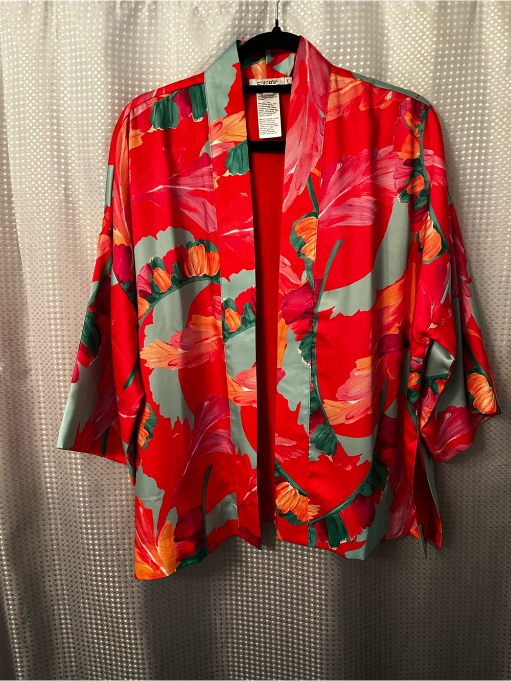 Chico's Red Floral Open Front Kimono Jacket with Teal and Orange Accents